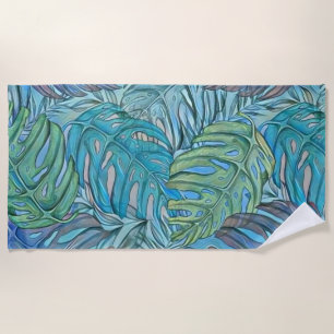 Colourful blue green tropical leaves watercolor beach towel