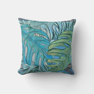 Colourful blue green tropical leaves watercolor  throw pillow