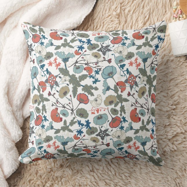 Colourful Blue Orange Flowers Throw Pillow (Blanket)
