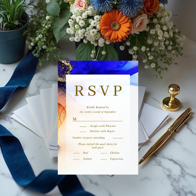 Colourful Blue Orange Gold Wedding RSVP Card (Colorful Blue Orange Gold Wedding RSVP Card.)
