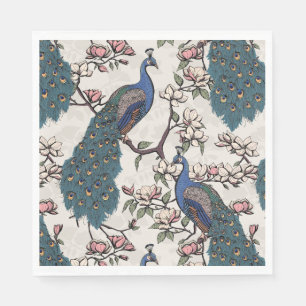 Colourful Blue Peacock and Magnolia Ivory Napkin