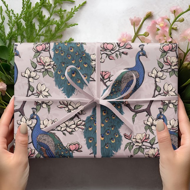 Colourful Blue Peacock & Magnolia Pink Wildlife Wrapping Paper (Elegant Floral Blue Peacock Birds, Magnolia Branches in Bloom, Blush Pink Background. Hand Drawn.)