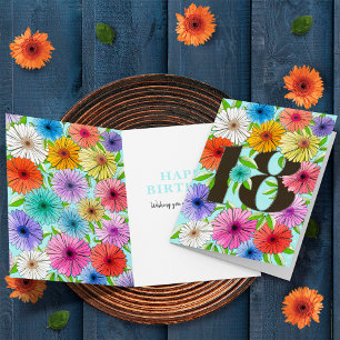 Colourful Blue Personalized 18th Birthday Floral Card