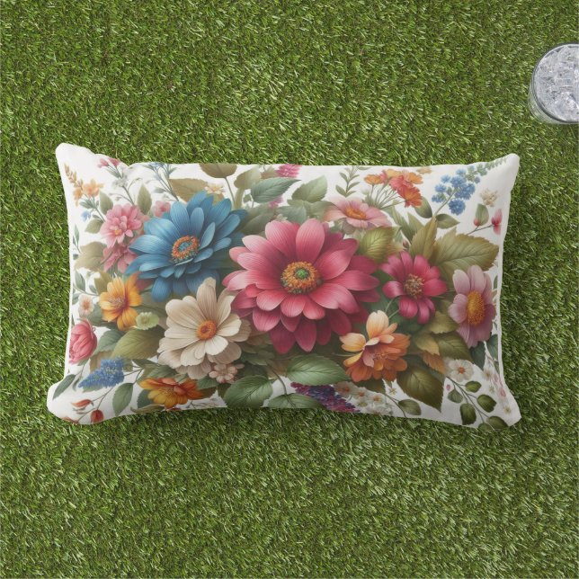 Colourful Blue Pink Floral with Greenery  Lumbar Pillow (Grass)