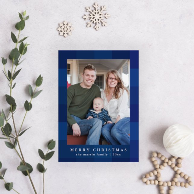 Colourful Blue Plaid Print Front Christmas Holiday Card (Creator Uploaded)