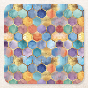 Colourful Blue Purple Orange Yellow Birthday Square Paper Coaster