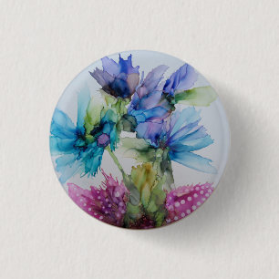 Colourful Blue Purple Pink Green Floral Art 1 Inch Round Button