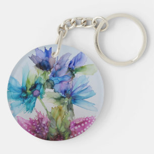 Colourful Blue Purple Pink Green Floral Art  Keychain