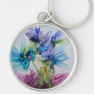 Colourful Blue Purple Pink Green Floral Art  Keychain