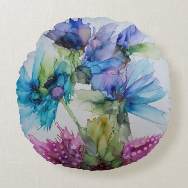 Colourful Blue Purple Pink Green Floral Art  Round Pillow (Front)