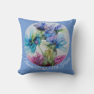 Colourful Blue Purple Pink Green Floral Art Throw Pillow