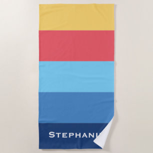 Colourful Blue Red Orange Abstract Stripes Name Beach Towel