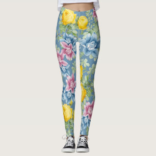 Colourful blue rose pattern summer fashion trendy leggings
