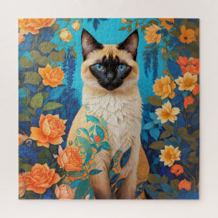 Colourful Blue Siamese Cat Botanical Garden Jigsaw Puzzle