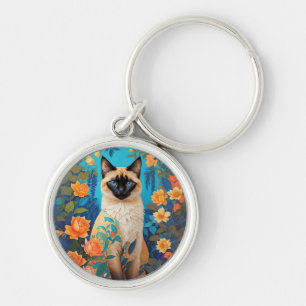 Colourful Blue Siamese Cat Floral Keychain
