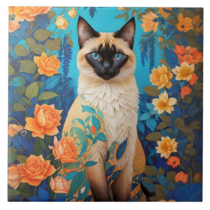 Colourful Blue Siamese Cat Floral Tile