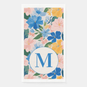 Colourful Blue Spring Flower Watercolor Monogram Napkin