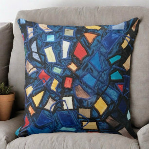 Colourful blue stained glass aspect  abstract  throw pillow