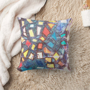 Colourful Blue Stained Glass Look Distressed Retro Throw Pillow