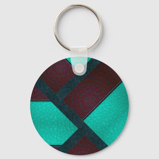 Colourful Blue Stitched Patchwork leather Keychain (Front)