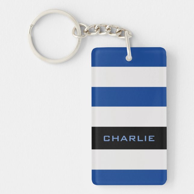Colourful Blue Stripes with Custom Name Keychain (Front)