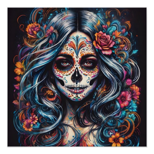 Colourful Blue Sugar Skull lady Poster (Front)