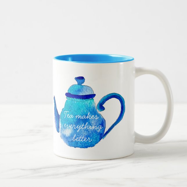Colourful blue teapot watercolor Two-Tone coffee mug (Right)
