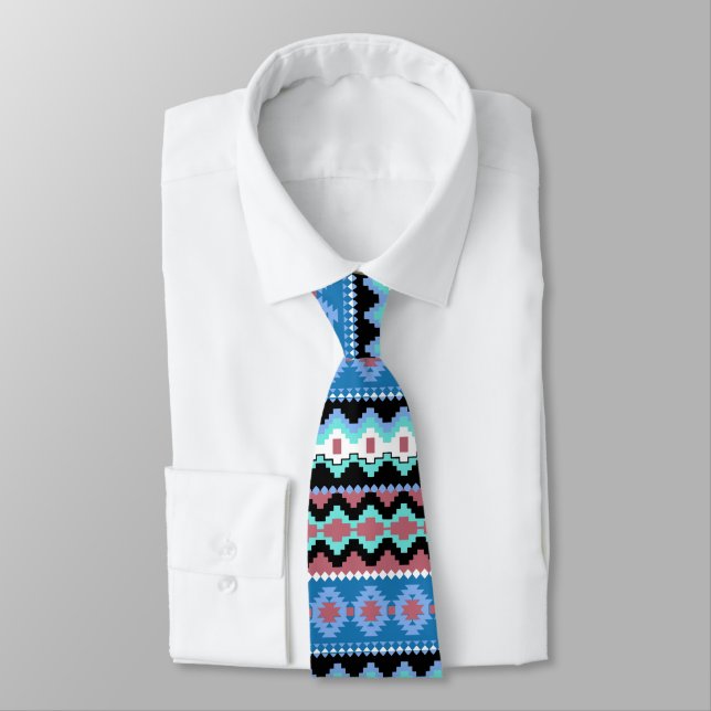 Colourful Blue Tribal Pattern Neck Tie (Tied)