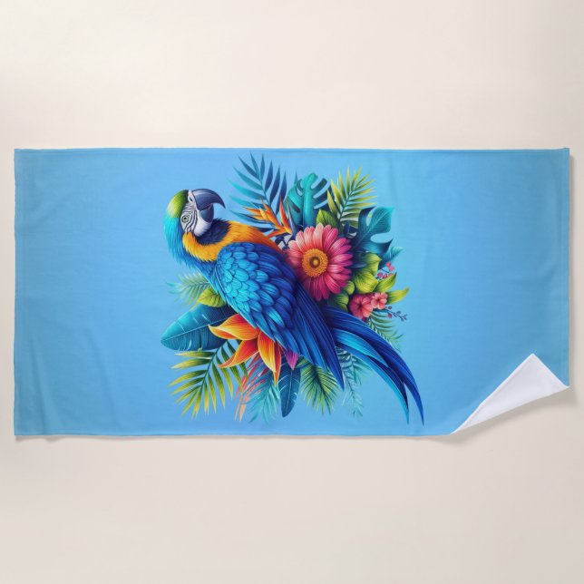 Colourful, blue tropical macaw  beach towel (Front)