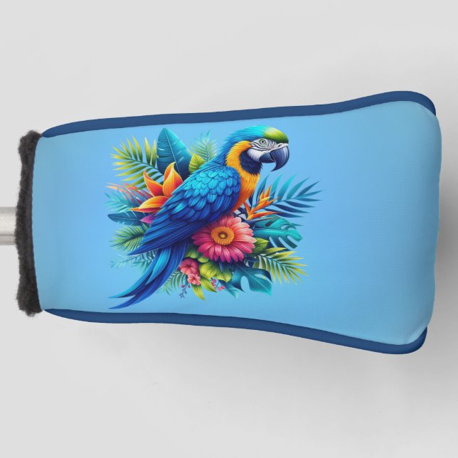 Colourful, blue tropical macaw golf head cover (Front)