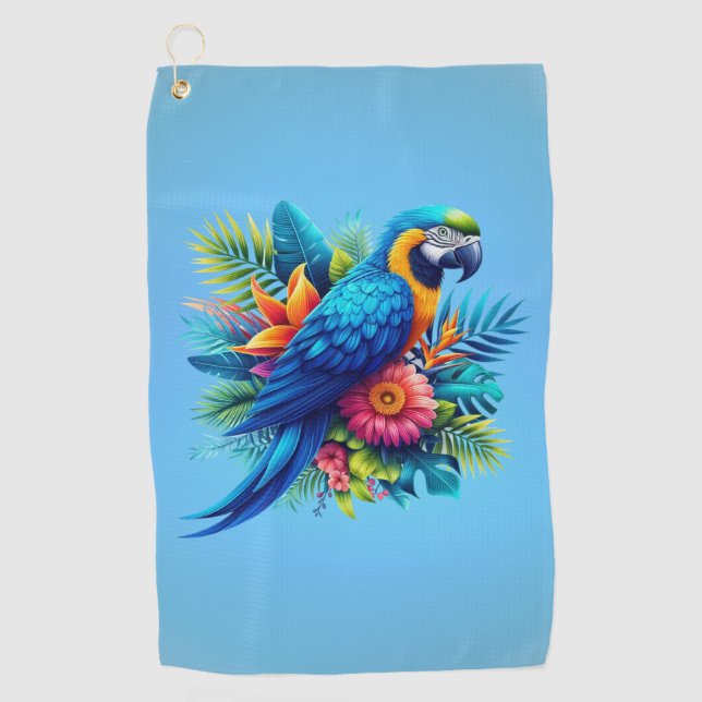 Colourful, blue tropical macaw  golf towel (Front)