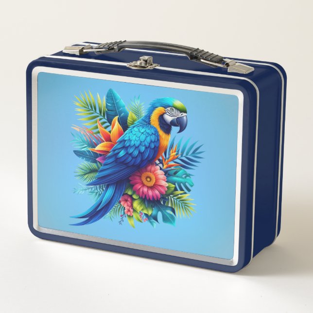 Colourful, blue tropical macaw  metal lunch box (Front)