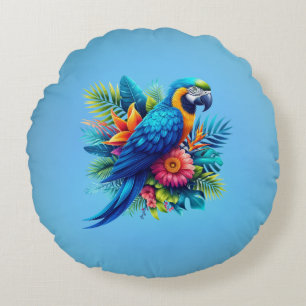 Colourful, blue tropical macaw round pillow