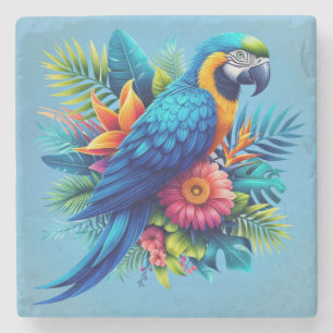 Colourful, blue tropical macaw stone coaster