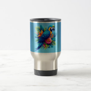 Colourful, blue tropical macaw travel mug