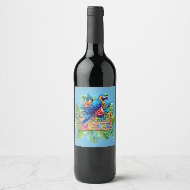 Colourful, blue tropical macaw   wine label (Front)