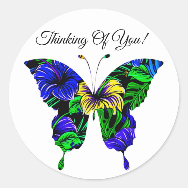 Colourful Blue Yellow Green Butterfly Pattern  Classic Round Sticker (Front)