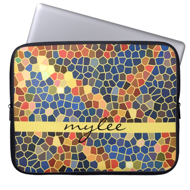 Colourful Blue Yellow Orange Abstract Funky Mosaic Laptop Sleeve (Front)