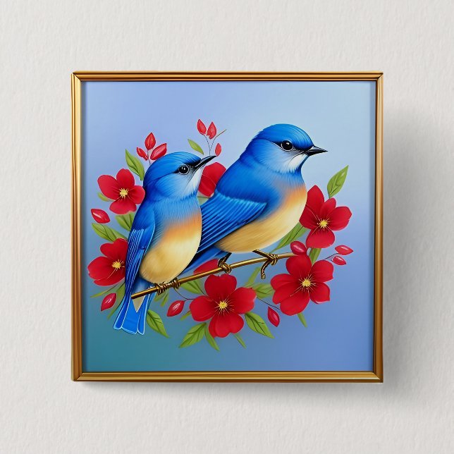 Colourful Bluebirds Perched Among Red Flowers 2 Inch Square Button (Front)