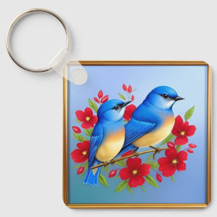Colourful Bluebirds Perched Among Red Flowers Keychain