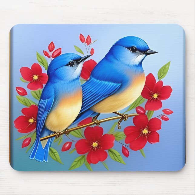 Colourful Bluebirds Perched Among Red Flowers Mouse Pad (Front)