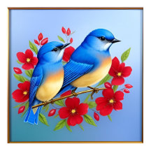 Colourful Bluebirds Perched Among Red Flowers