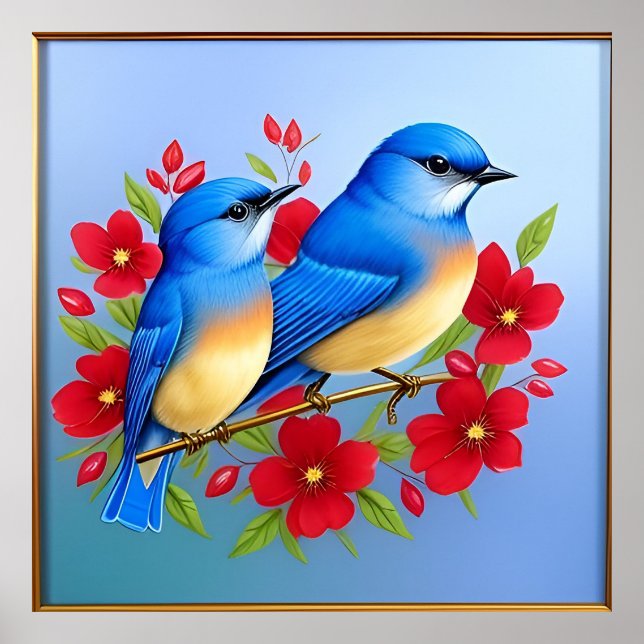 Colourful Bluebirds Perched Among Red Flowers Poster (Front)