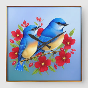 Colourful Bluebirds Perched Among Red Flowers Square Wall Clock