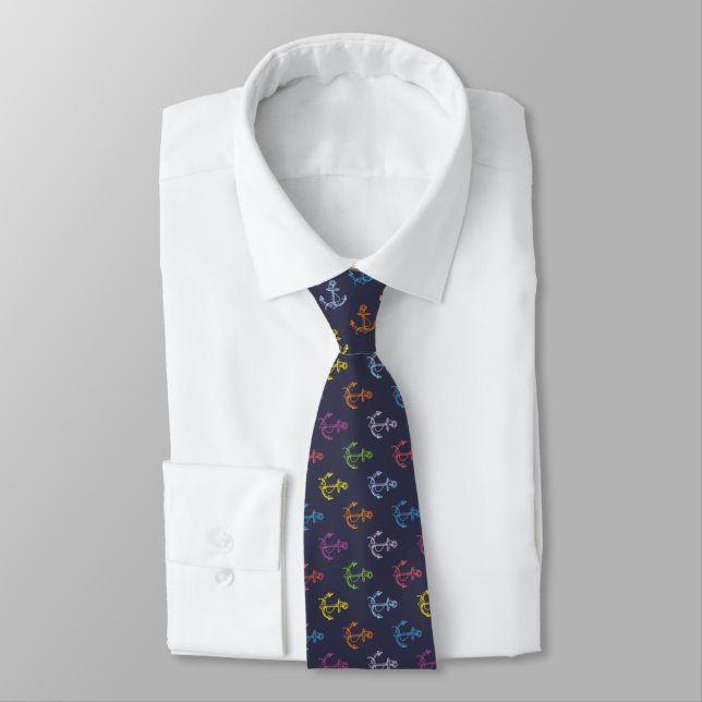 Colourful Boat Anchor Midnight-Blue Background Tie (Tied)
