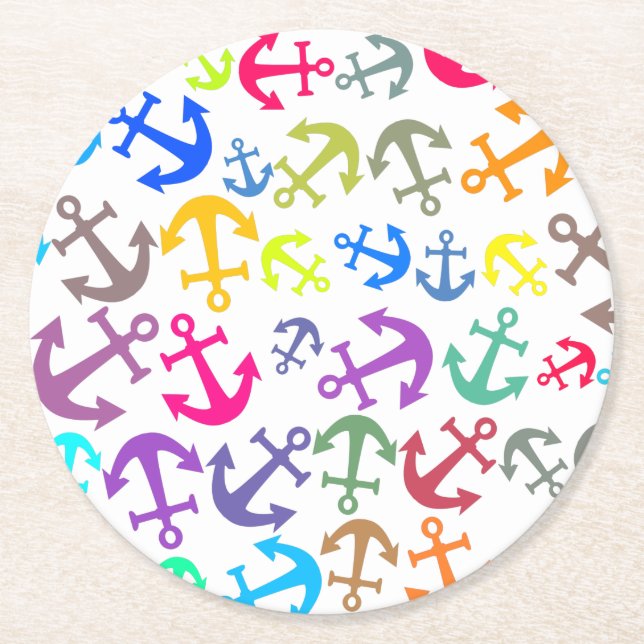 Colourful Boat Anchor Pattern Round Paper Coaster (Front)