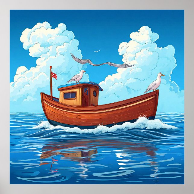 Colourful Boat Floating on Ocean Waves Poster (Front)