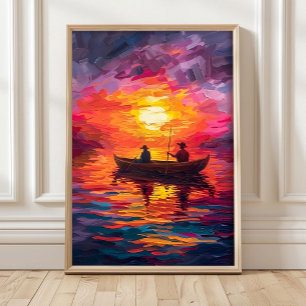 Colourful Boat Oil Painting Impasto Fishermen in C Poster