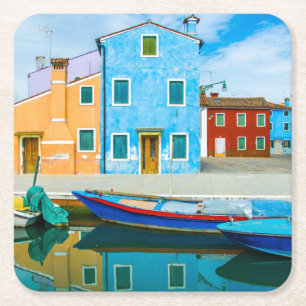 Colourful Boat Scene  Venetian Lagoon Square Paper Coaster