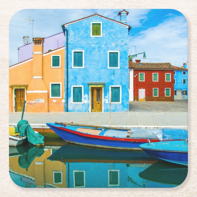Colourful Boat Scene |Venetian Lagoon Square Paper Coaster (Front)